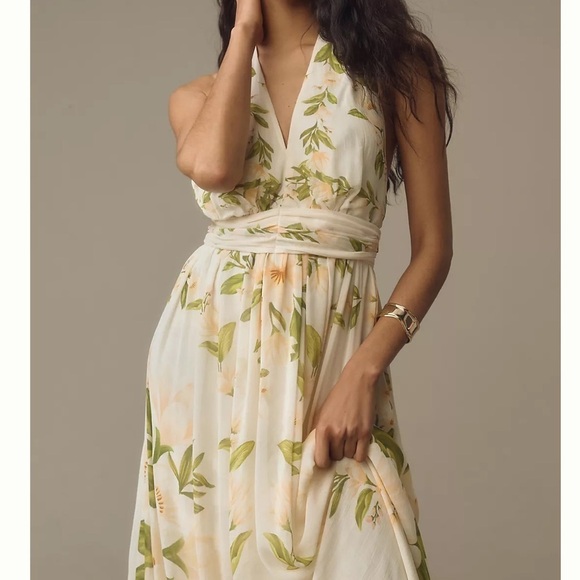 NWT FARM RIO X ANTHROPOLOGIE V-NECK FLORAL CHIFFON MAXI DRESS XL spring vacation - Picture 2 of 12